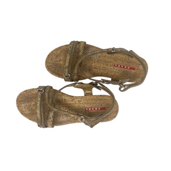 Prada Gold & Tan Reptile Leather Cork Sandals - Picture 4 of 9